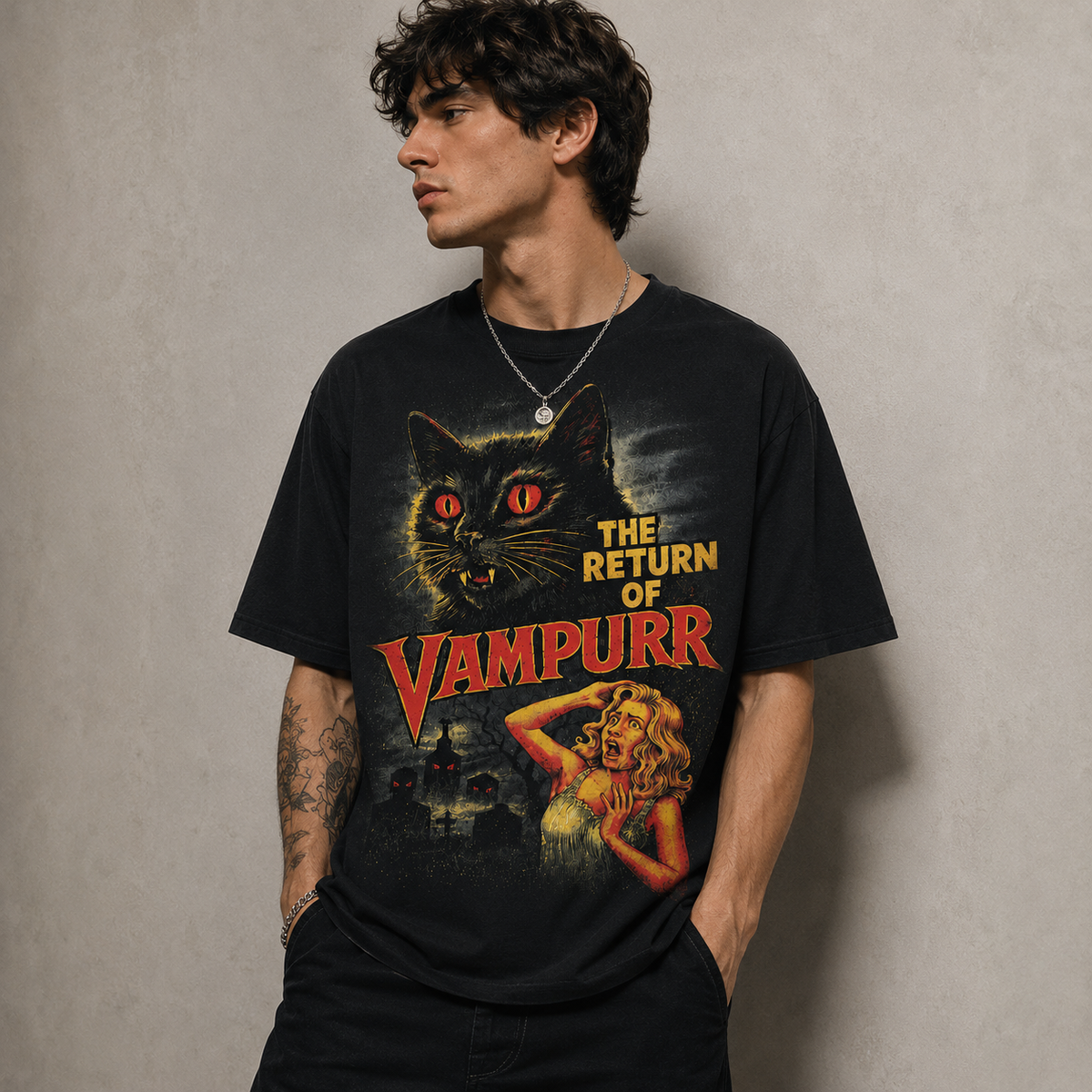 The Return of Vampurr T-Shirt, Retro Horror Cat Graphic Tee, Vintage Halloween Shirt