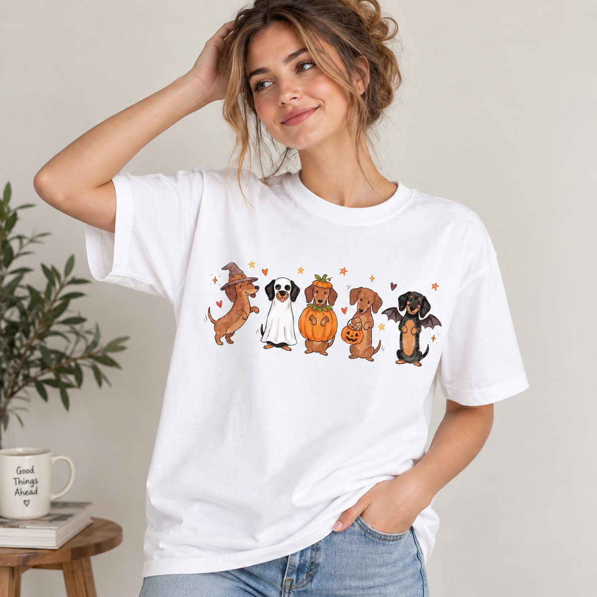 Dachshund Halloween Shirt Cute Dog Pumpkin Ghost Graphic Tee