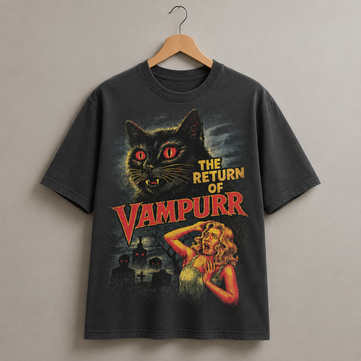 The Return of Vampurr T-Shirt, Retro Horror Cat Graphic Tee, Vintage Halloween Shirt