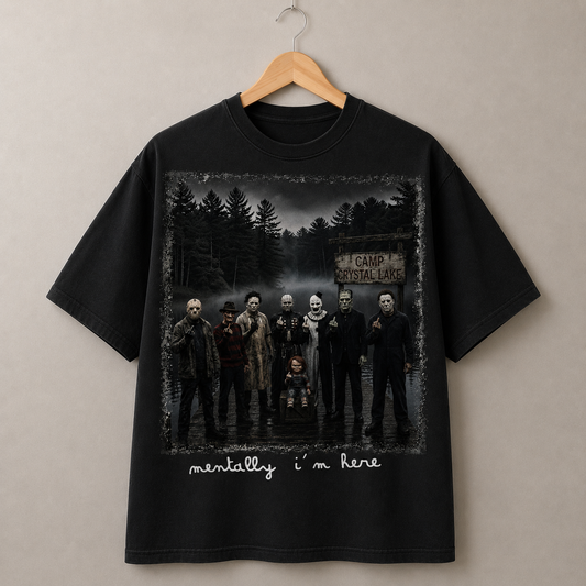 Camp Crystal Lake Horror Icons Graphic Tee Vintage Halloween Movie T-Shirt