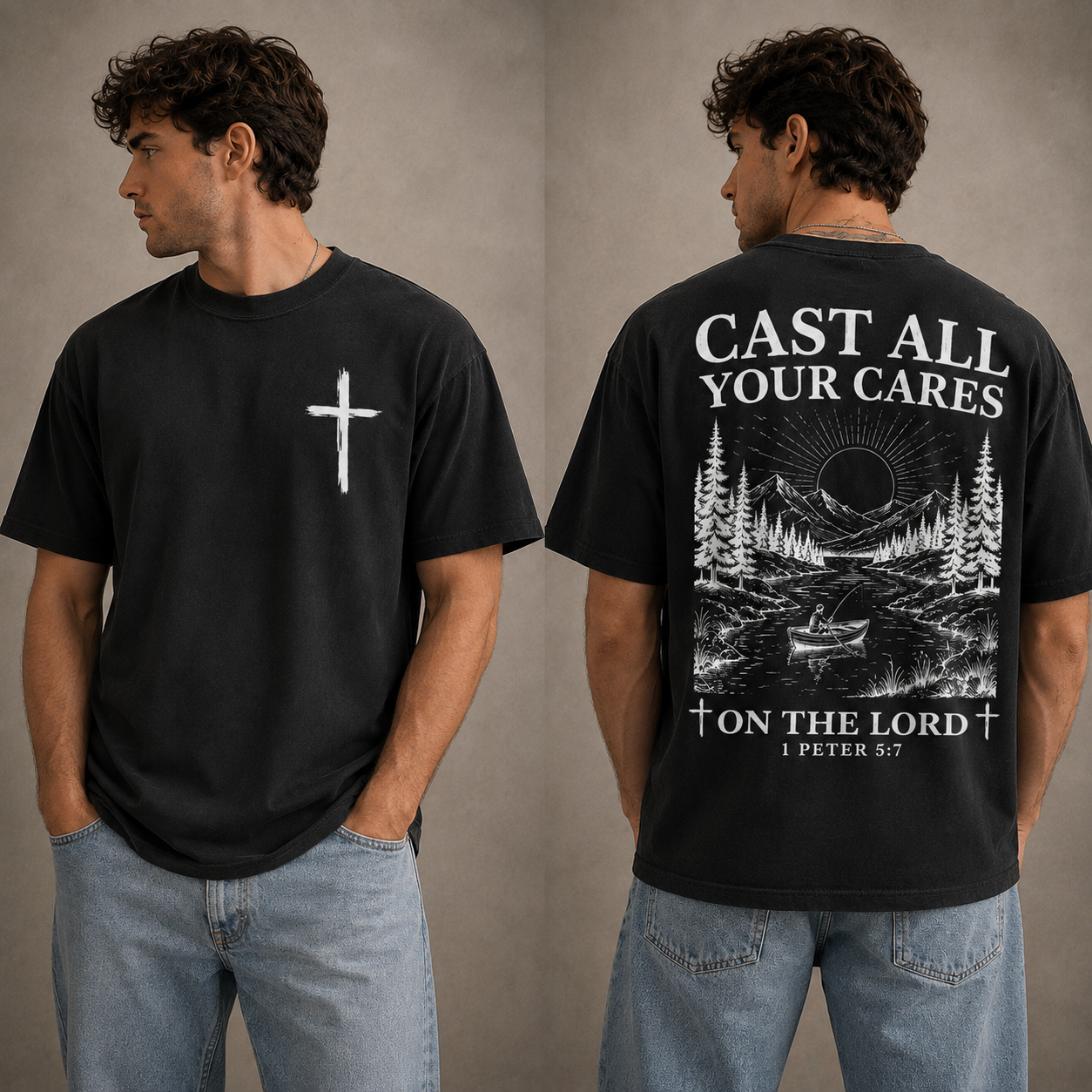 Cast All Your Cares Christian Graphic Tee 1 Peter 5:7 Faith T-Shirt