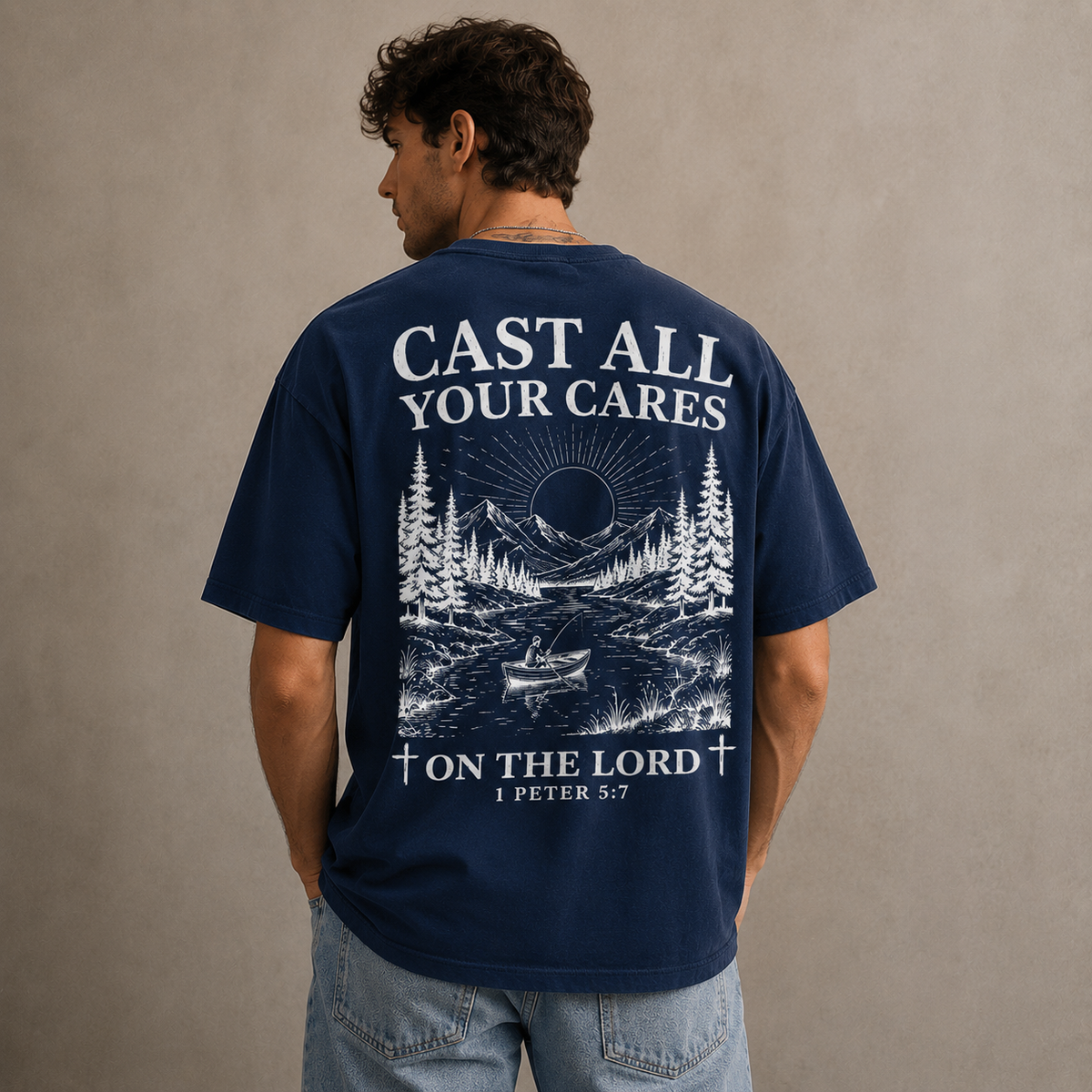 Cast All Your Cares Christian Graphic Tee 1 Peter 5:7 Faith T-Shirt