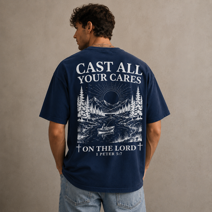 Cast All Your Cares Christian Graphic Tee 1 Peter 5:7 Faith T-Shirt