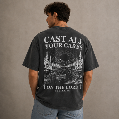 Cast All Your Cares Christian Graphic Tee 1 Peter 5:7 Faith T-Shirt