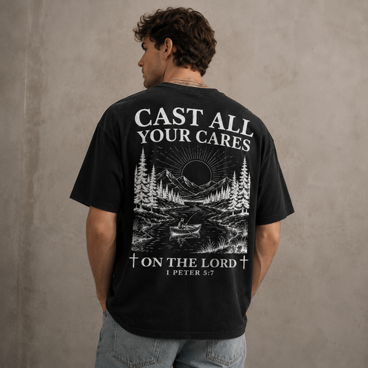 Cast All Your Cares Christian Graphic Tee 1 Peter 5:7 Faith T-Shirt