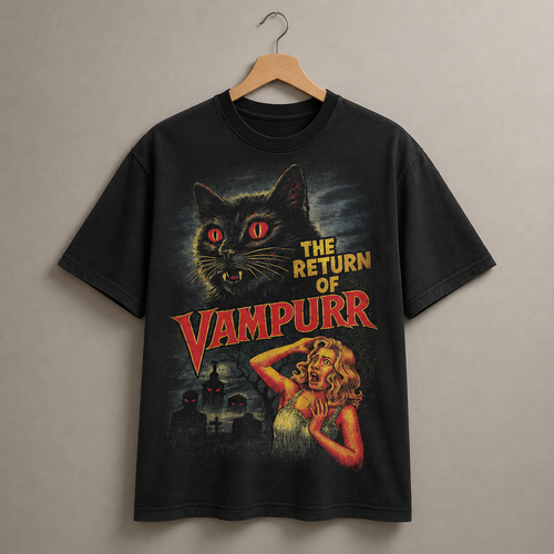 The Return of Vampurr T-Shirt, Retro Horror Cat Graphic Tee, Vintage Halloween Shirt