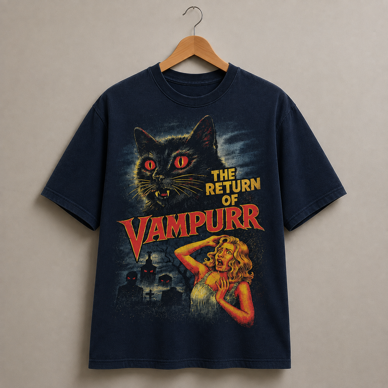 The Return of Vampurr T-Shirt, Retro Horror Cat Graphic Tee, Vintage Halloween Shirt