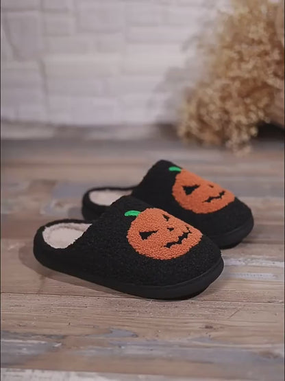 Halloween Pumpkin Plush Slippers - Cozy Fuzzy House Shoes with Anti-Slip Sole