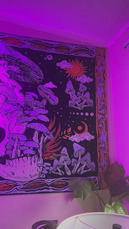 Skeleton Mushroom Wall Tapestry - Gothic Skull & Purple Moon Mandala Decor